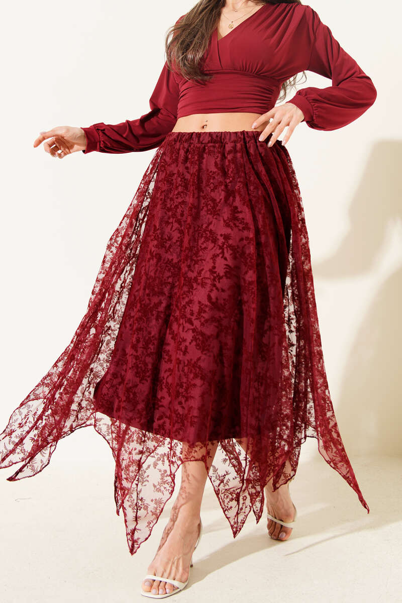 Symmetric-Cut Tulle Skirt - Burgundy