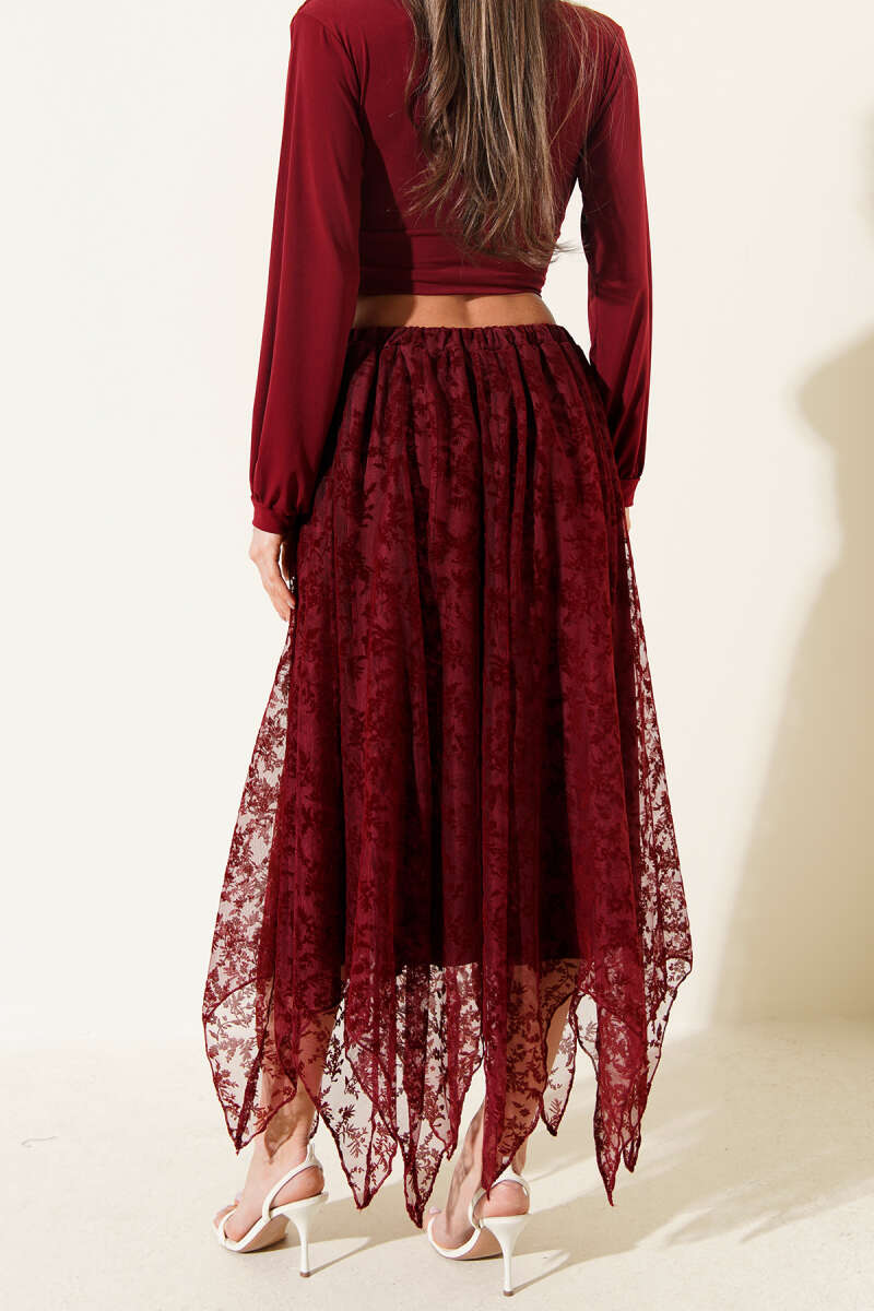 Symmetric-Cut Tulle Skirt - Burgundy