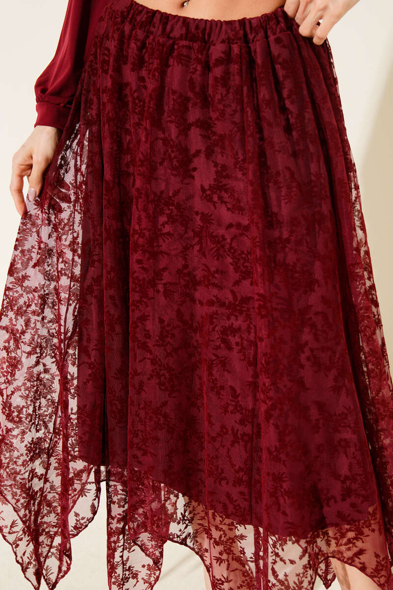 Symmetric-Cut Tulle Skirt - Burgundy