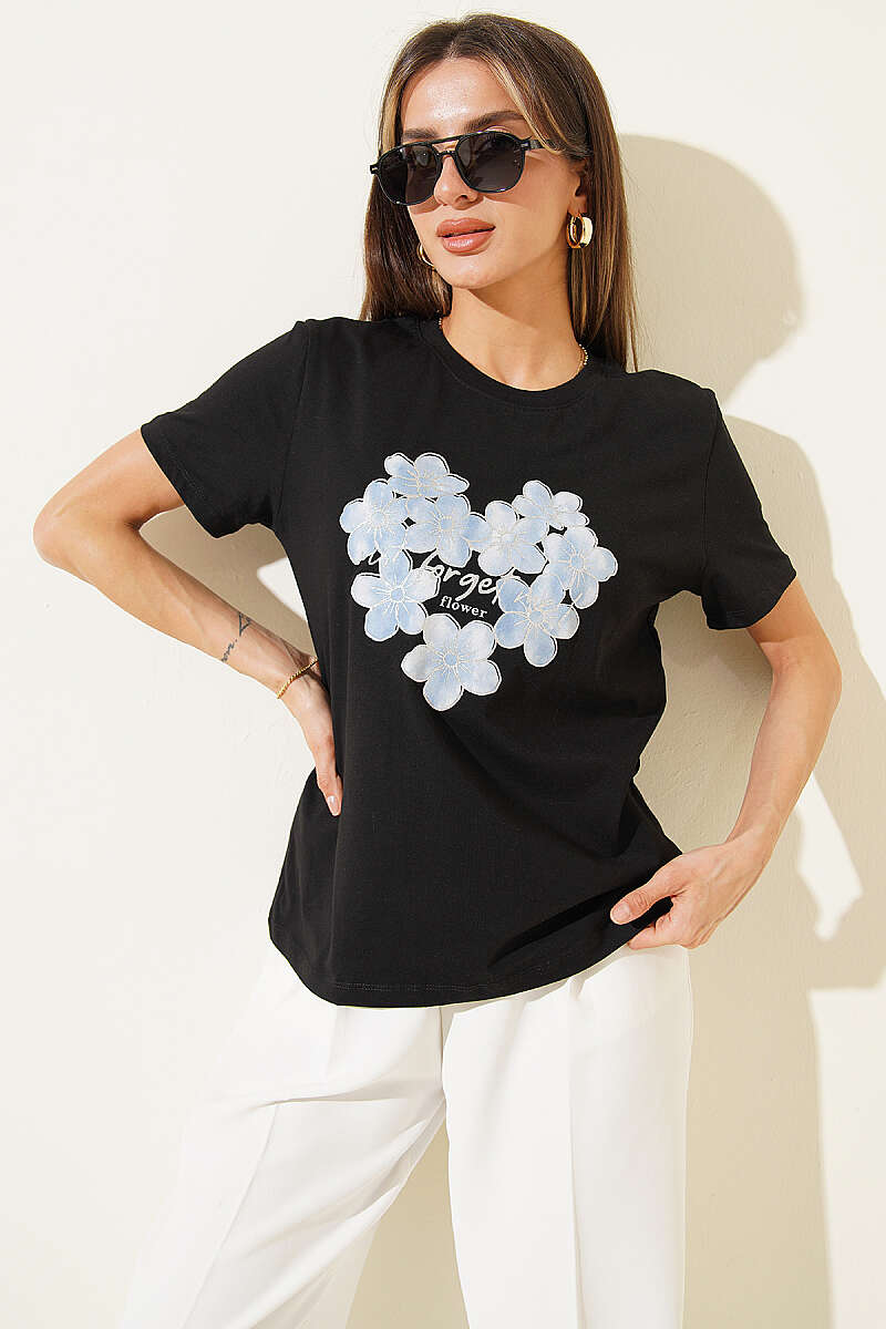 Glitter Floral Print T-Shirt - Black