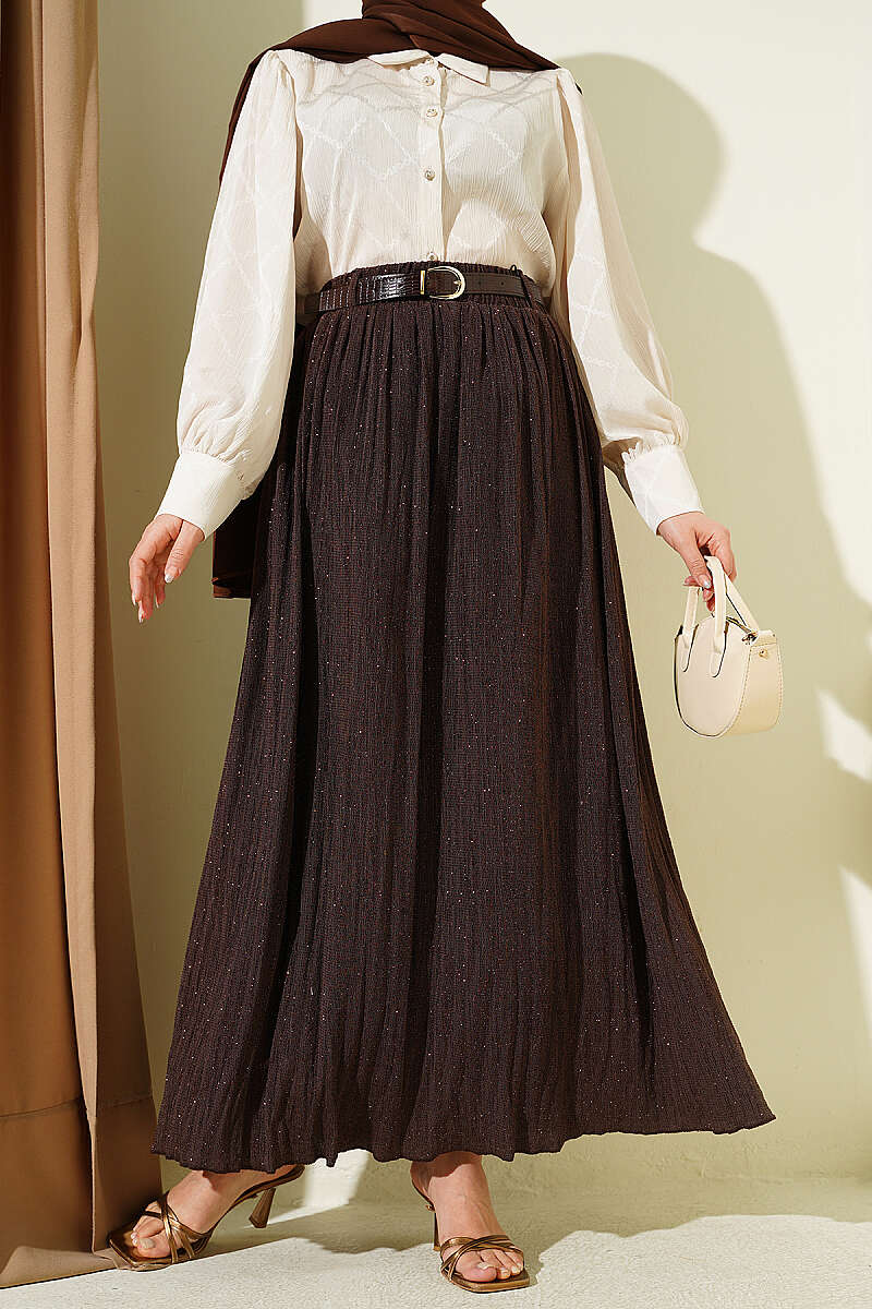 Flared Skirt with Glitter Belt - Brown