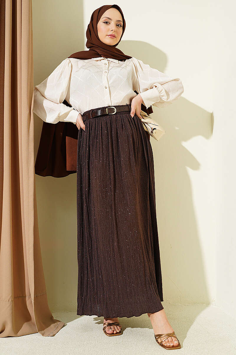 Flared Skirt with Glitter Belt - Brown