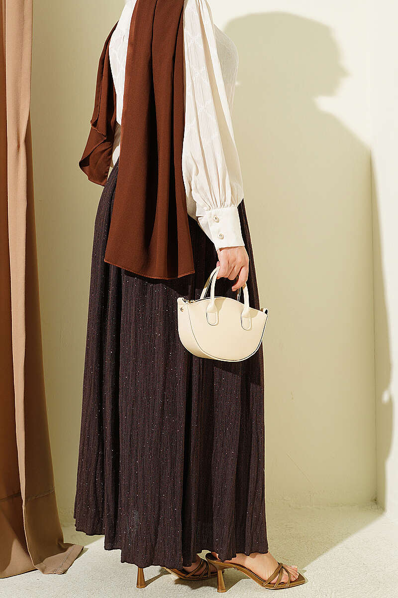 Flared Skirt with Glitter Belt - Brown