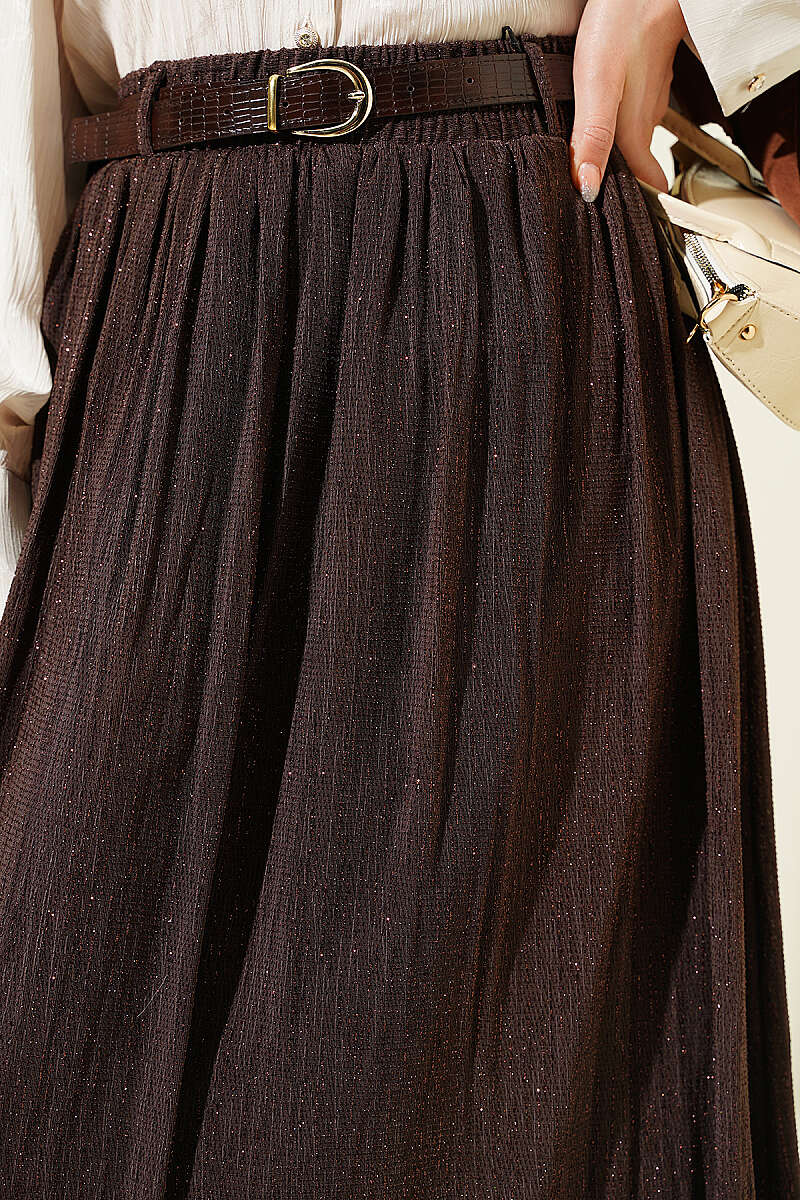 Flared Skirt with Glitter Belt - Brown