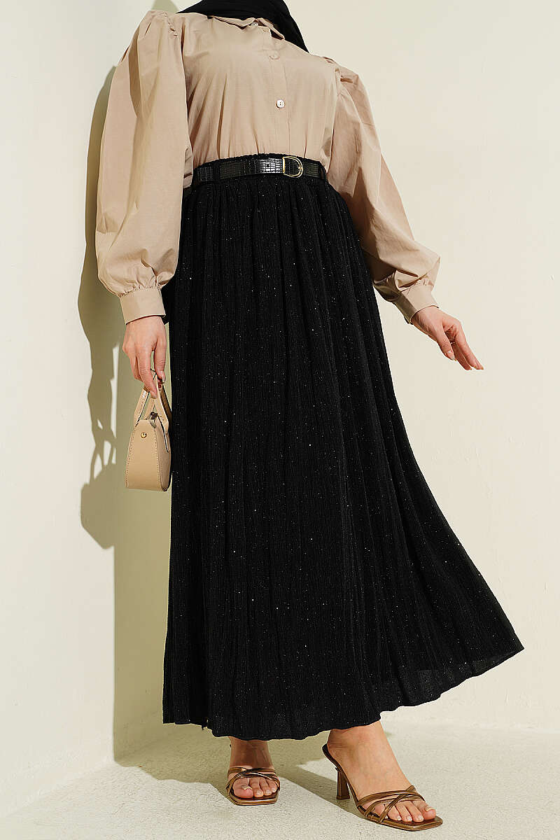 Flared Skirt with Glitter Belt - Black