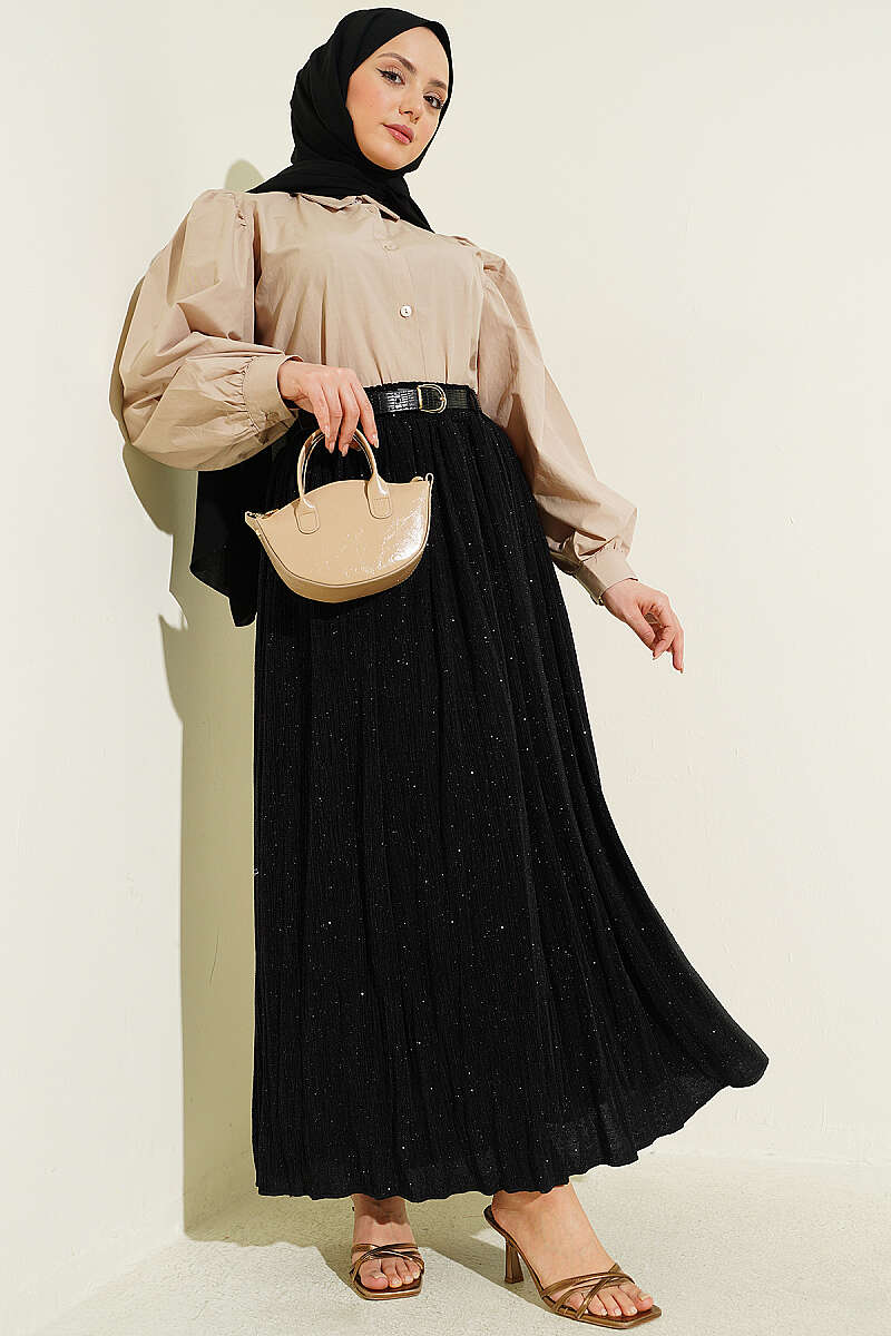 Flared Skirt with Glitter Belt - Black