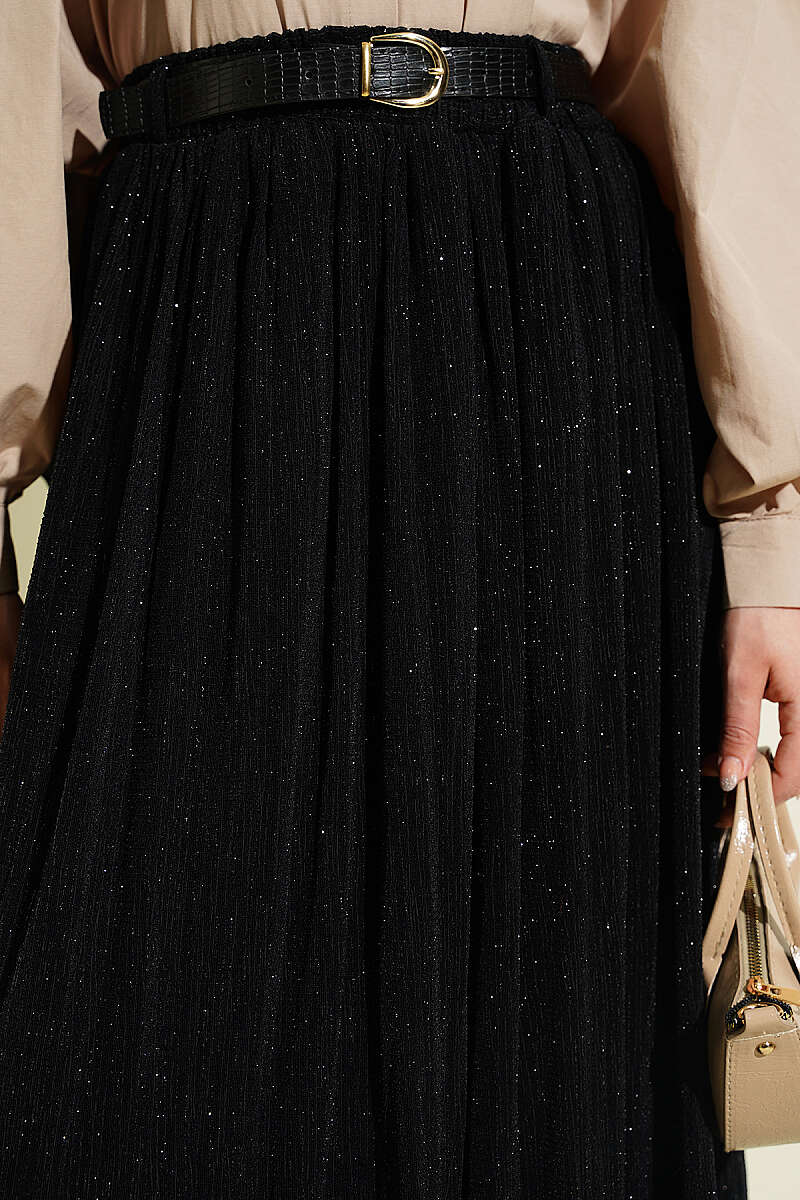 Flared Skirt with Glitter Belt - Black