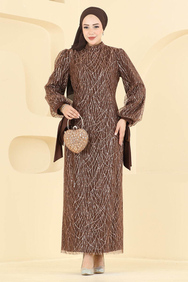 Glitter Tulle Evening Dress with Tie Cuffs - Brown