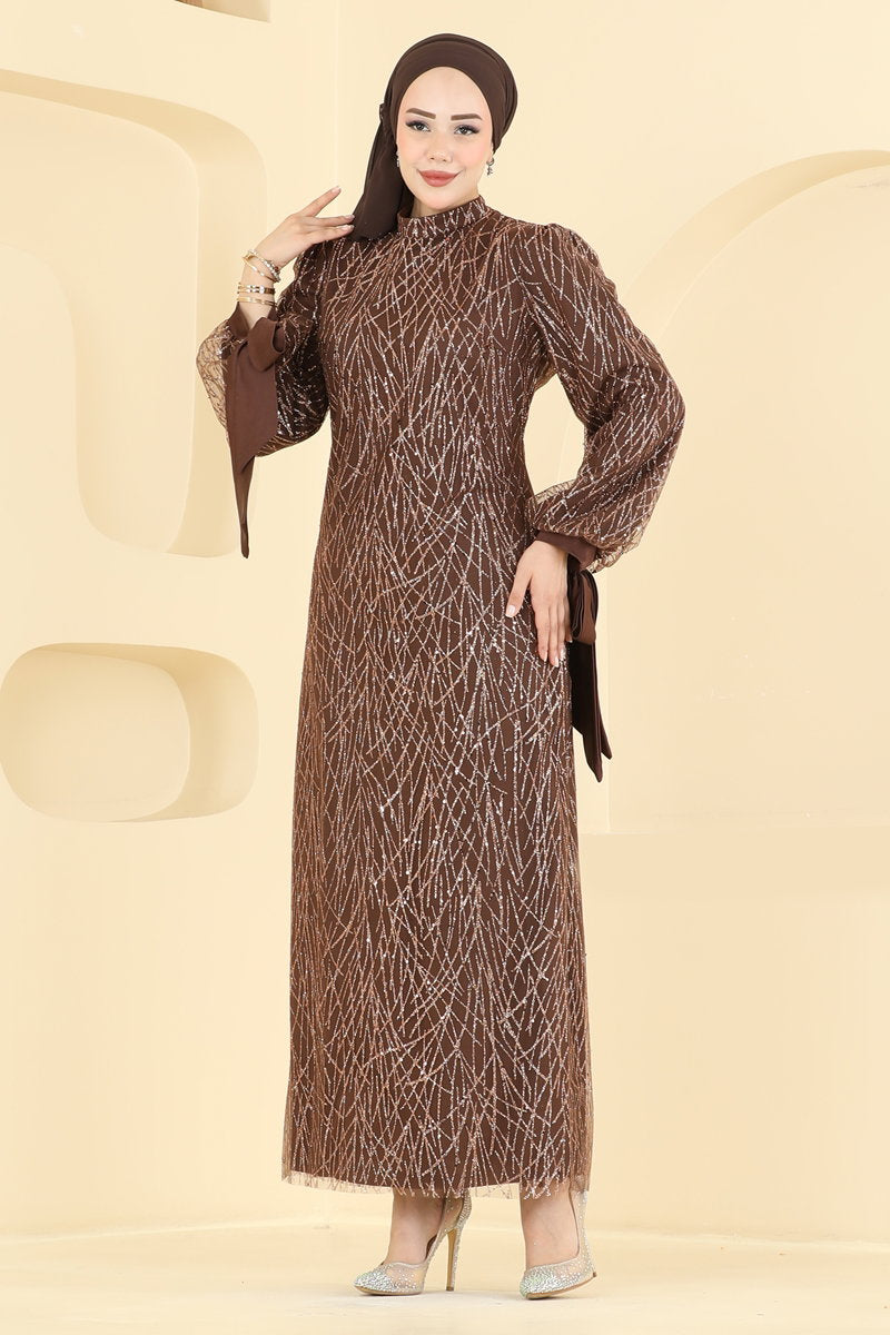 Glitter Tulle Evening Dress with Tie Cuffs - Brown