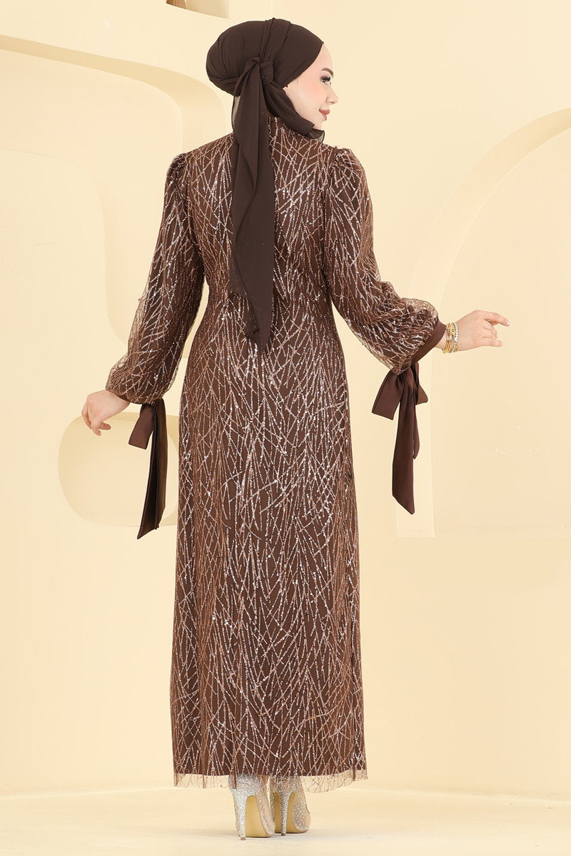 Glitter Tulle Evening Dress with Tie Cuffs - Brown