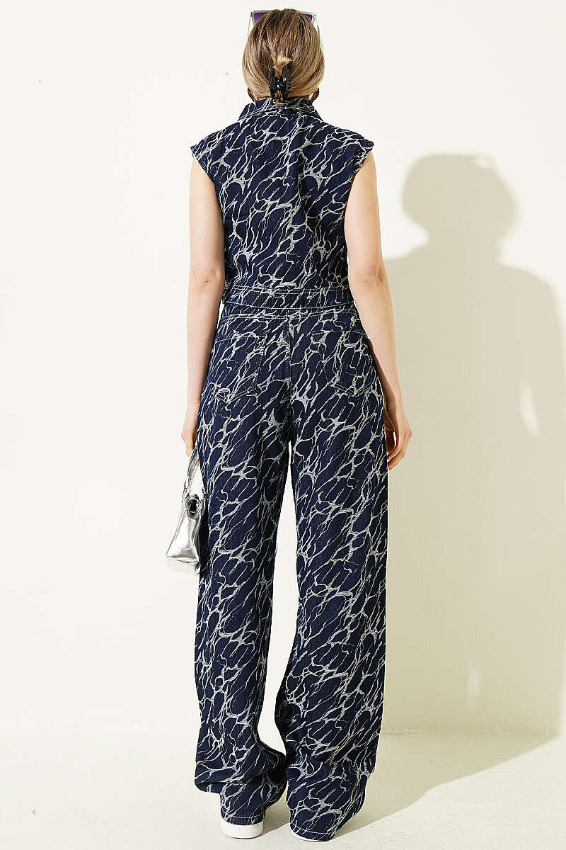 Denim Two-Piece Set with Lightning Embroidered Crop Vest - Navy