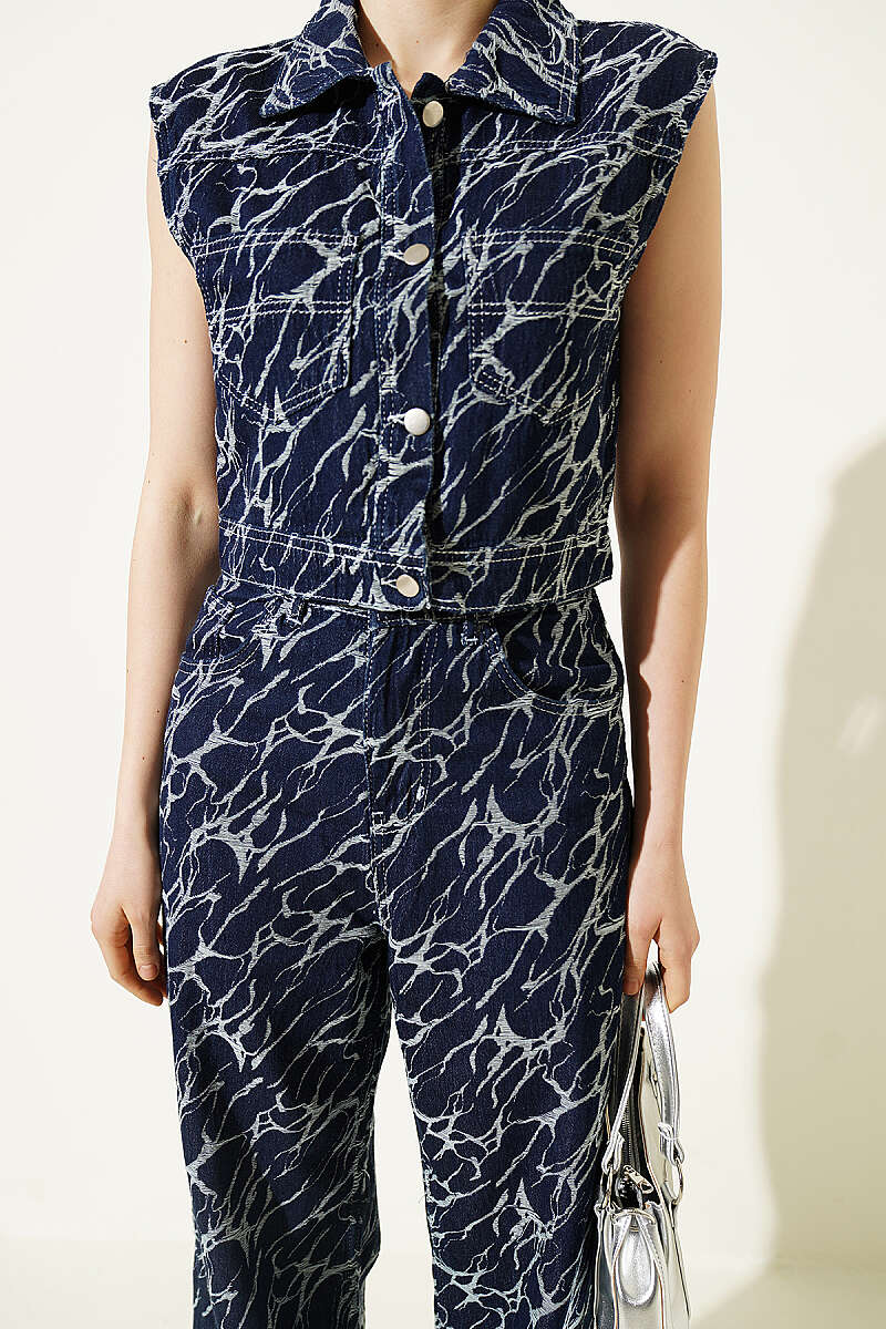 Denim Two-Piece Set with Lightning Embroidered Crop Vest - Navy
