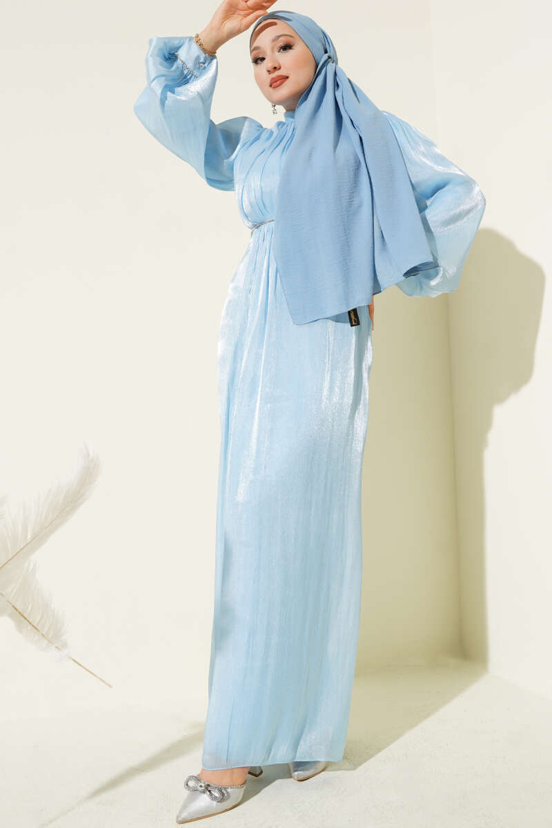 Balloon-Sleeve Evening Dress with Stone Rows - Light Blue