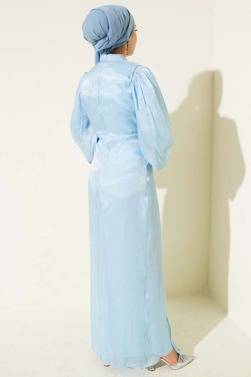 Balloon-Sleeve Evening Dress with Stone Rows - Light Blue