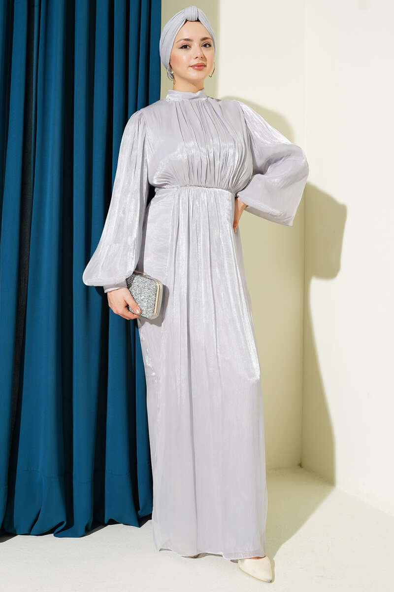 Balloon-Sleeve Evening Dress with Stone Rows - Grey