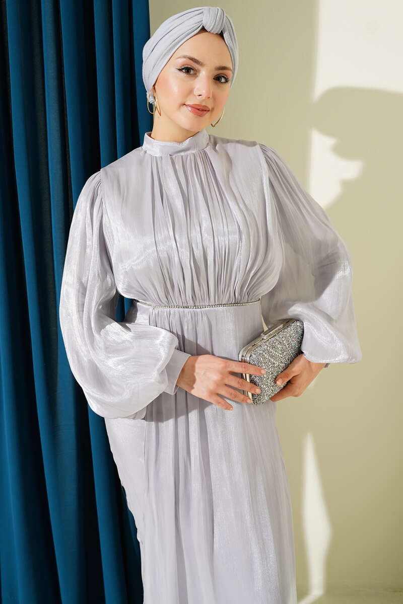 Balloon-Sleeve Evening Dress with Stone Rows - Grey