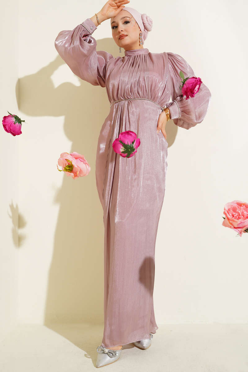 Balloon-Sleeve Evening Dress with Stone Rows - Dusty Rose