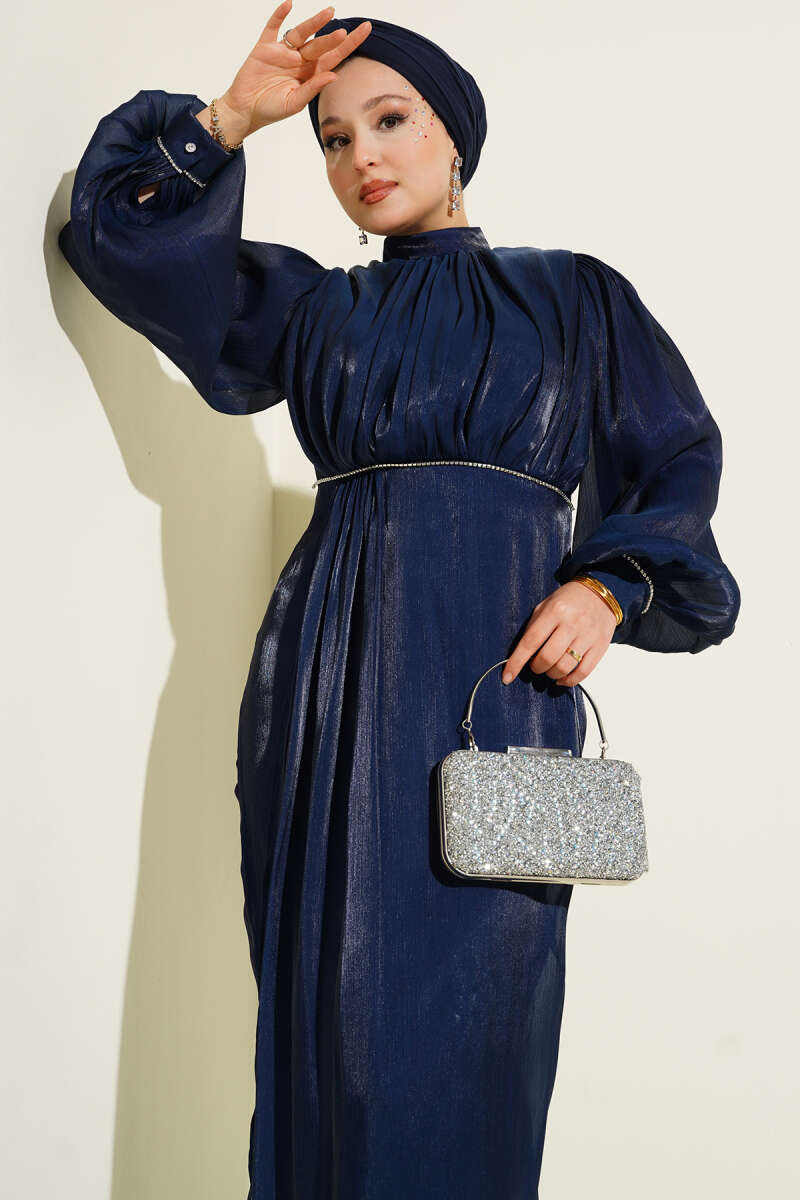 Balloon-Sleeve Evening Dress with Stone Rows - Navy