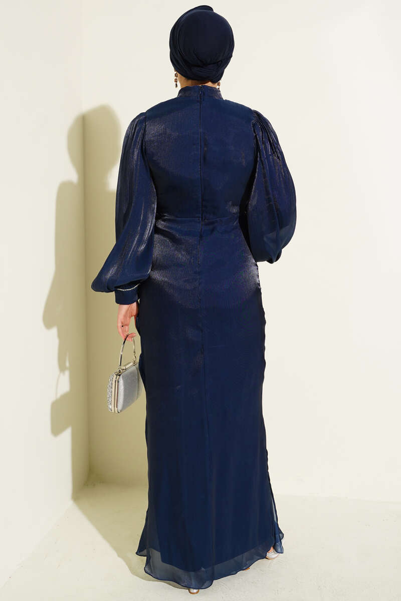 Balloon-Sleeve Evening Dress with Stone Rows - Navy