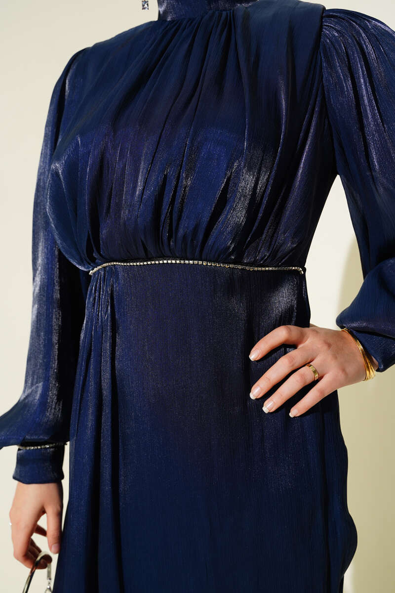 Balloon-Sleeve Evening Dress with Stone Rows - Navy