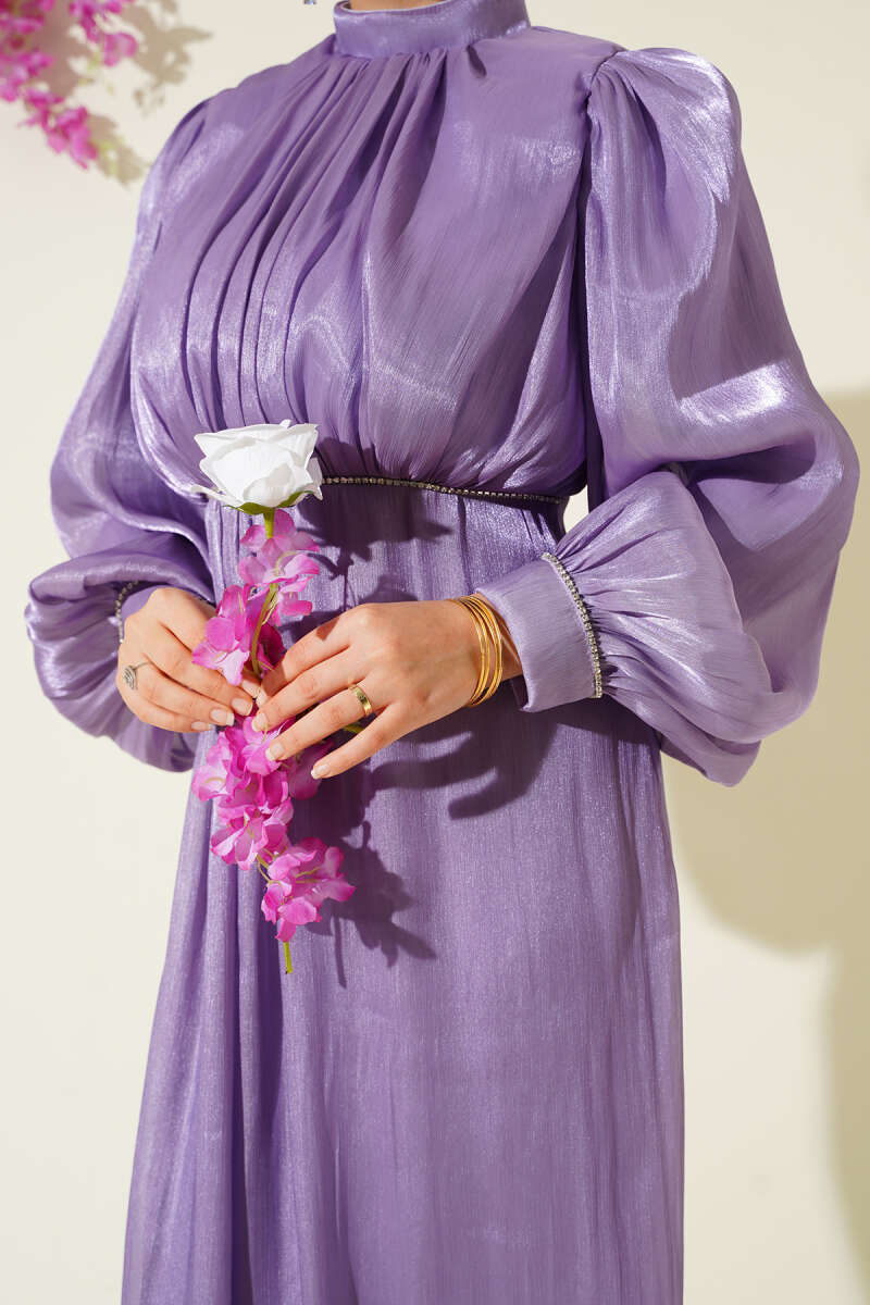 Balloon-Sleeve Evening Dress with Stone Rows - Lilac