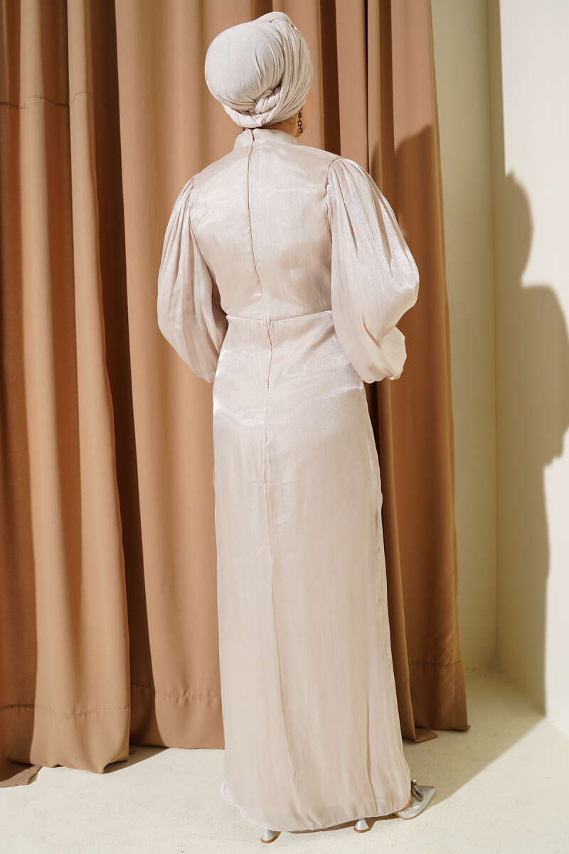Balloon-Sleeve Evening Dress with Stone Rows - Stone