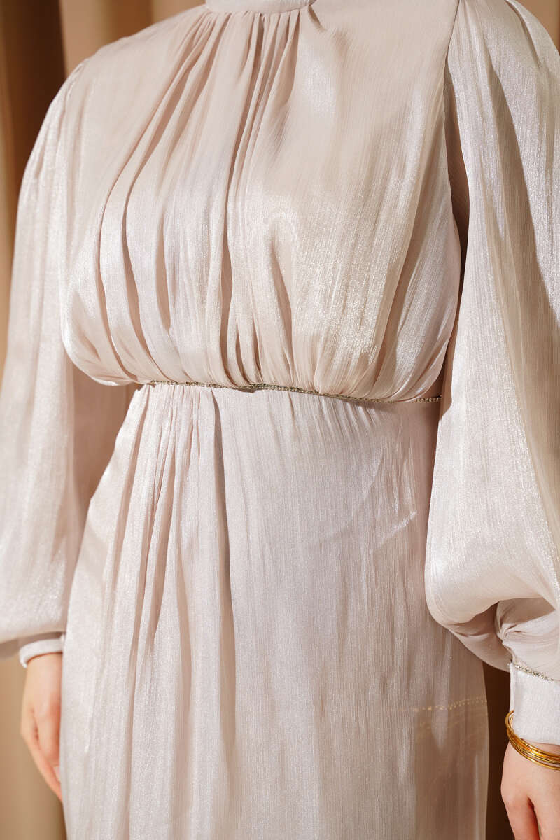 Balloon-Sleeve Evening Dress with Stone Rows - Stone