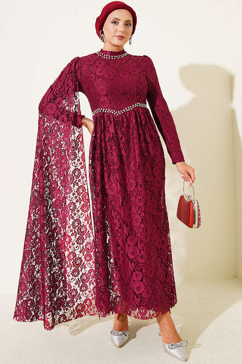 Lace Evening Dress with Stone Rows and Shoulder Cape - Burgundy