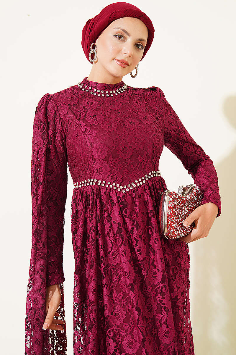 Lace Evening Dress with Stone Rows and Shoulder Cape - Burgundy