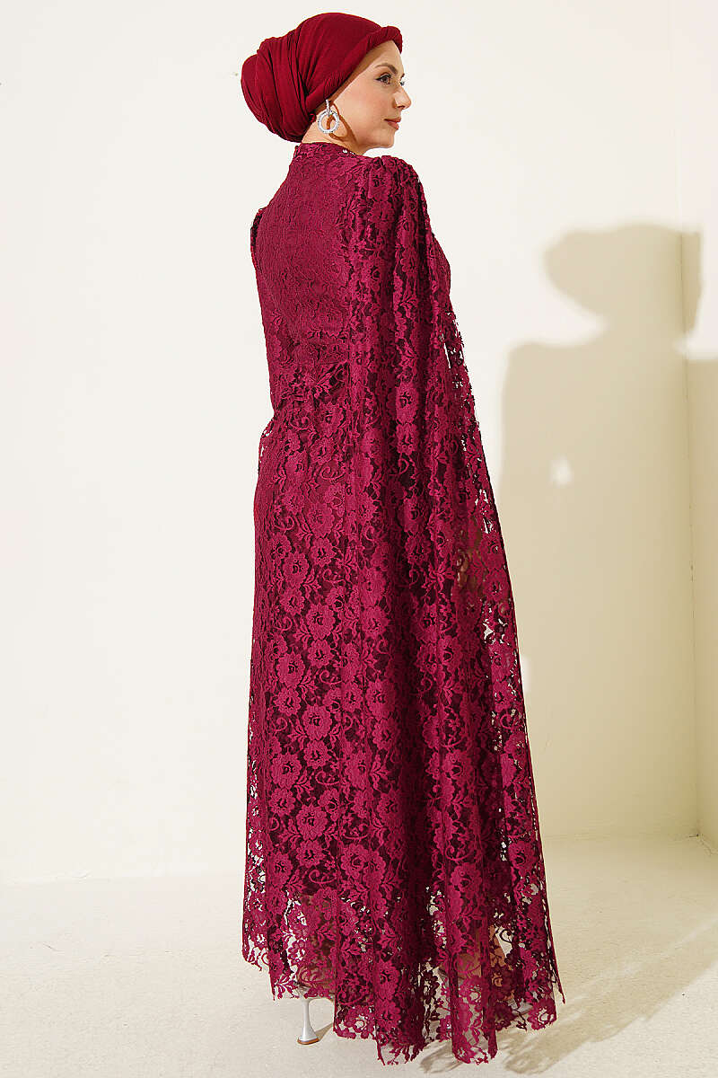 Lace Evening Dress with Stone Rows and Shoulder Cape - Burgundy