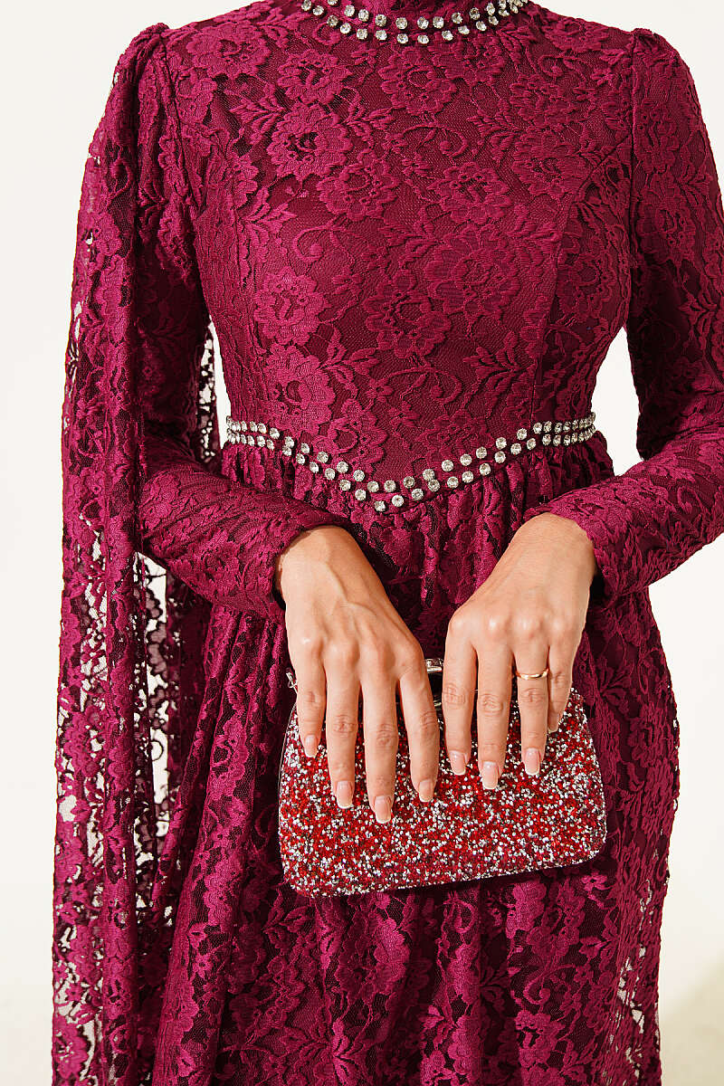 Lace Evening Dress with Stone Rows and Shoulder Cape - Burgundy