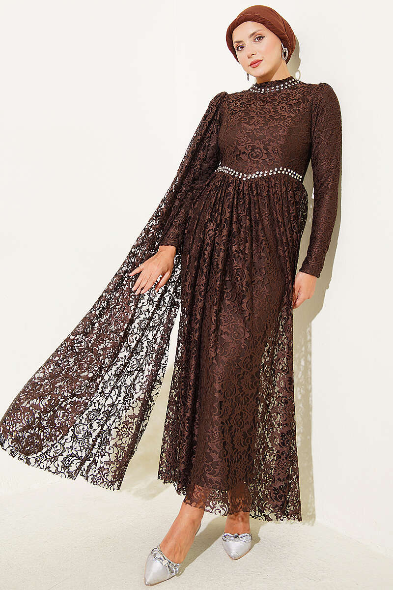 Lace Evening Dress with Stone Rows and Shoulder Cape - Brown