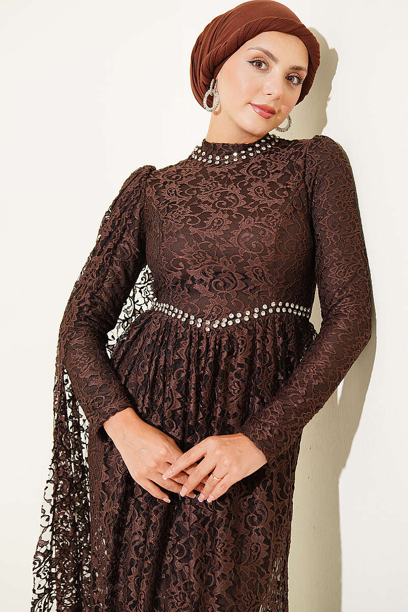 Lace Evening Dress with Stone Rows and Shoulder Cape - Brown