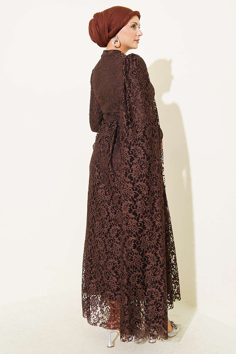 Lace Evening Dress with Stone Rows and Shoulder Cape - Brown