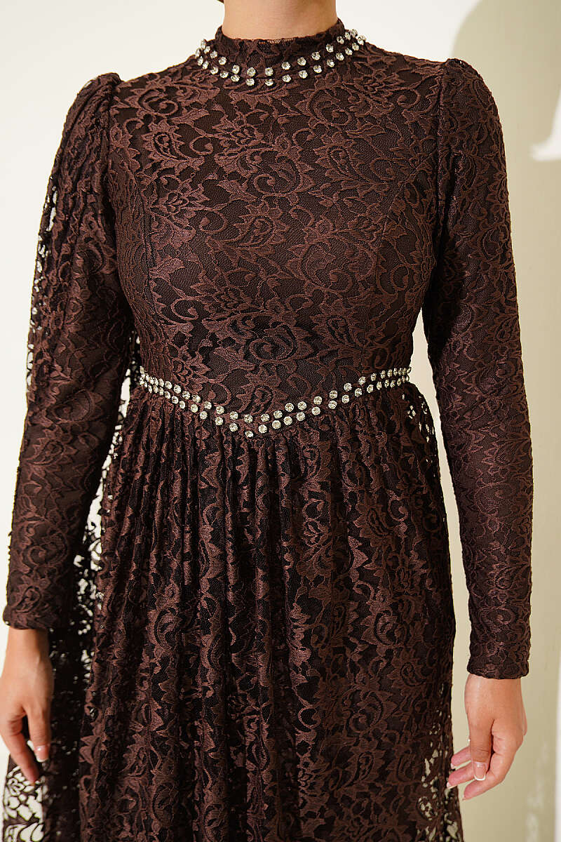 Lace Evening Dress with Stone Rows and Shoulder Cape - Brown