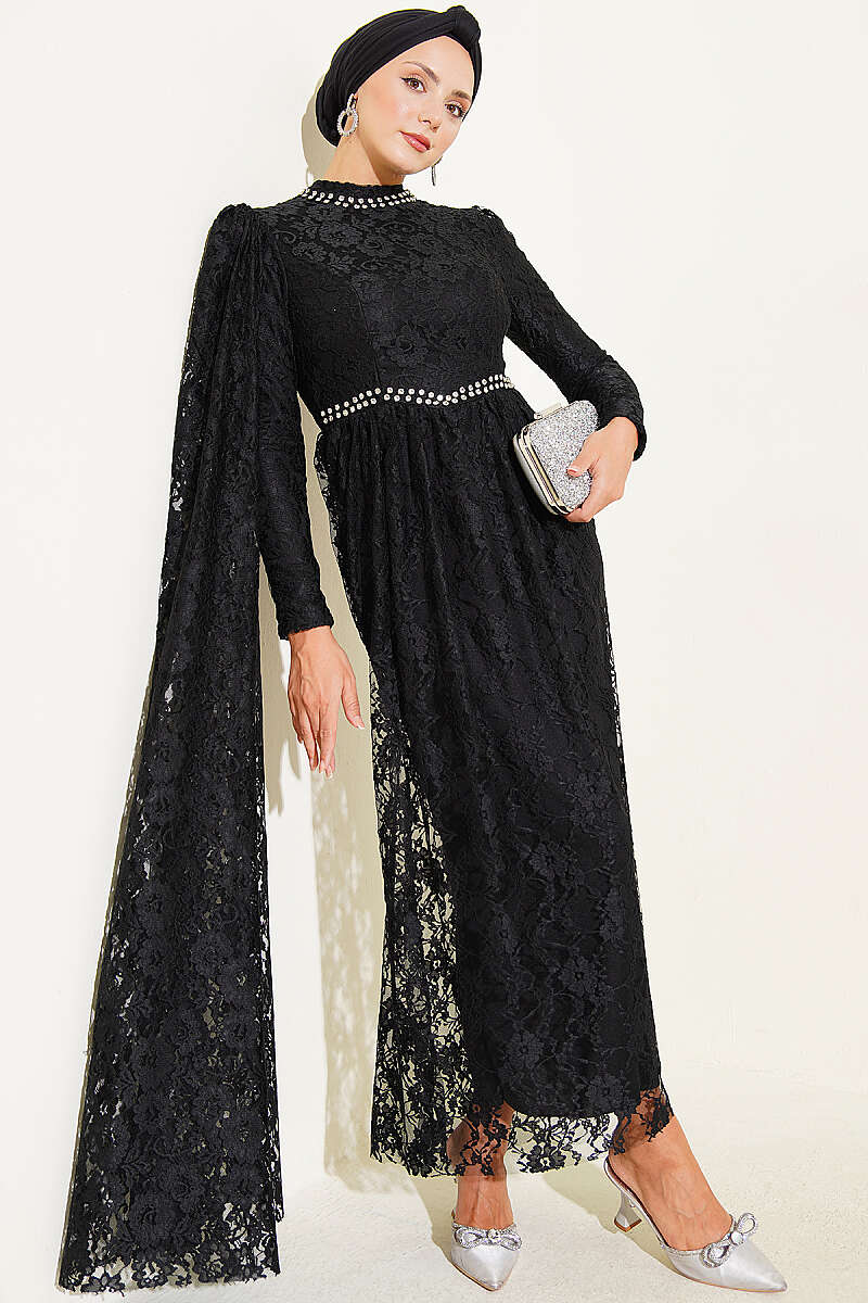 Lace Evening Dress with Stone Rows and Shoulder Cape - Black