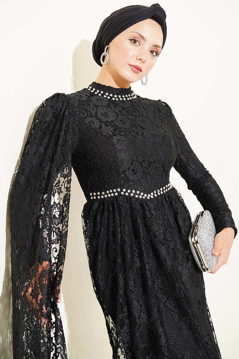 Lace Evening Dress with Stone Rows and Shoulder Cape - Black