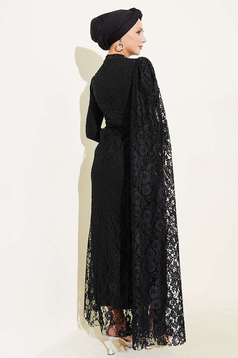 Lace Evening Dress with Stone Rows and Shoulder Cape - Black