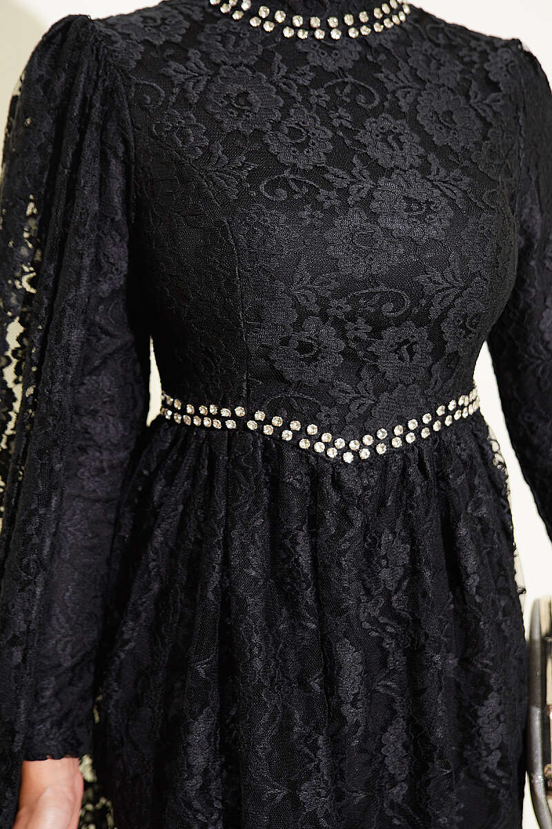 Lace Evening Dress with Stone Rows and Shoulder Cape - Black