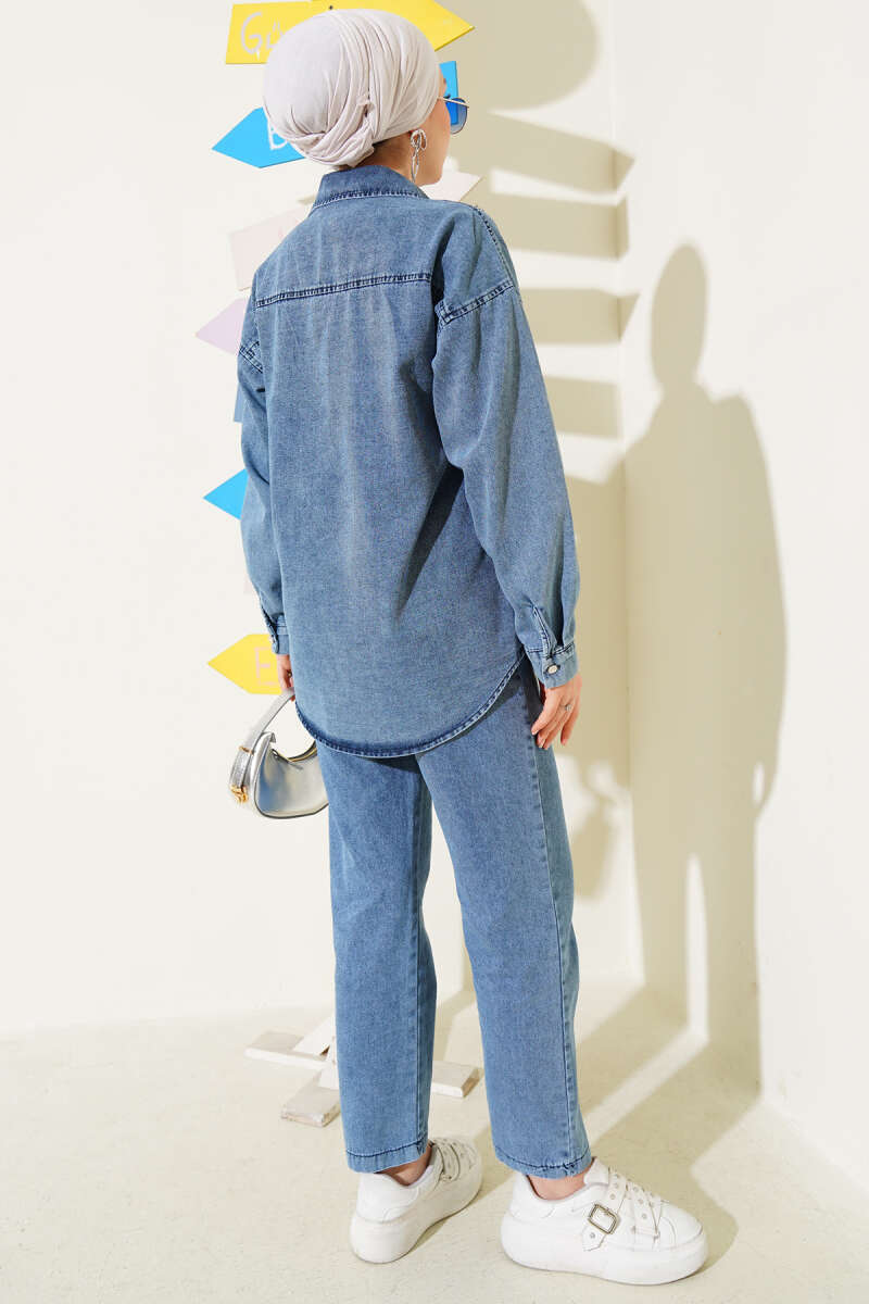 Denim Two-Piece Set with Stone Rows - Blue