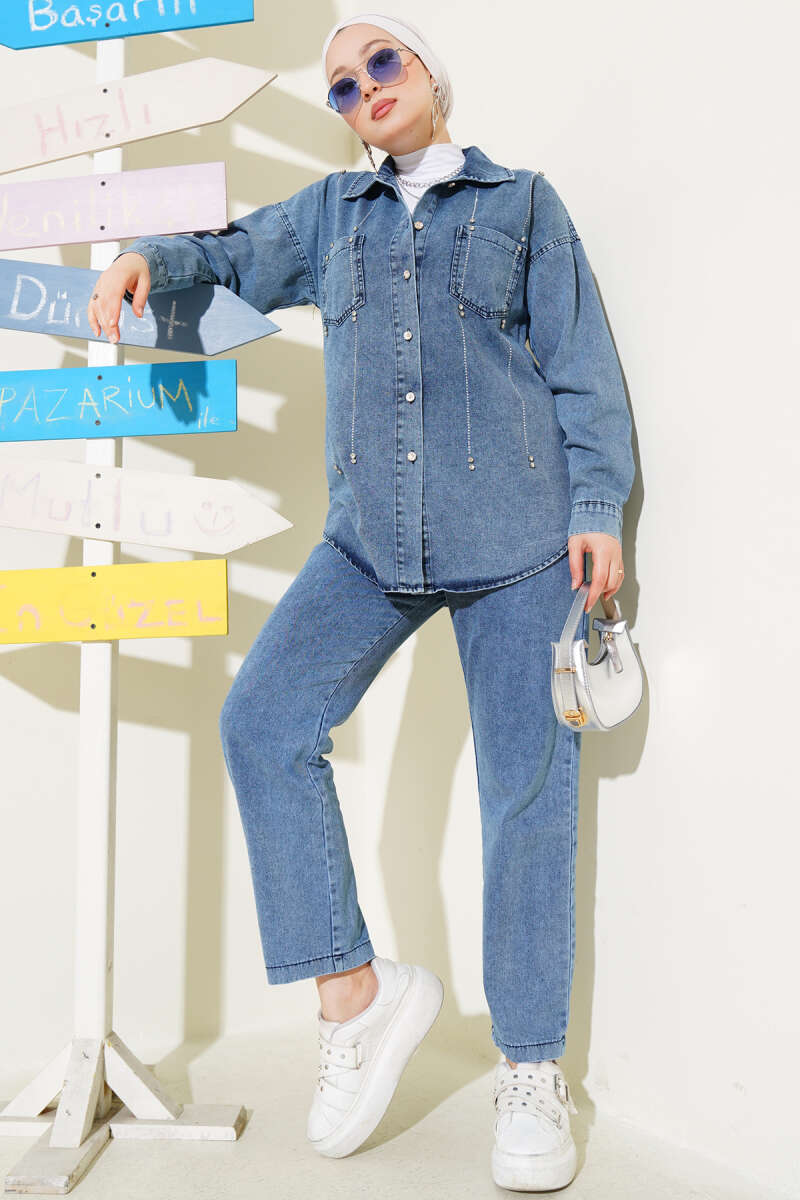Denim Two-Piece Set with Stone Rows - Blue