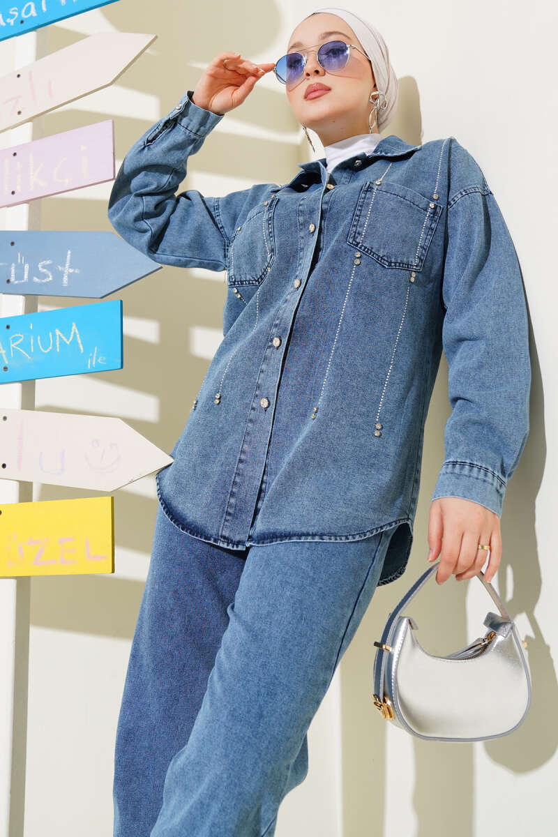 Denim Two-Piece Set with Stone Rows - Blue