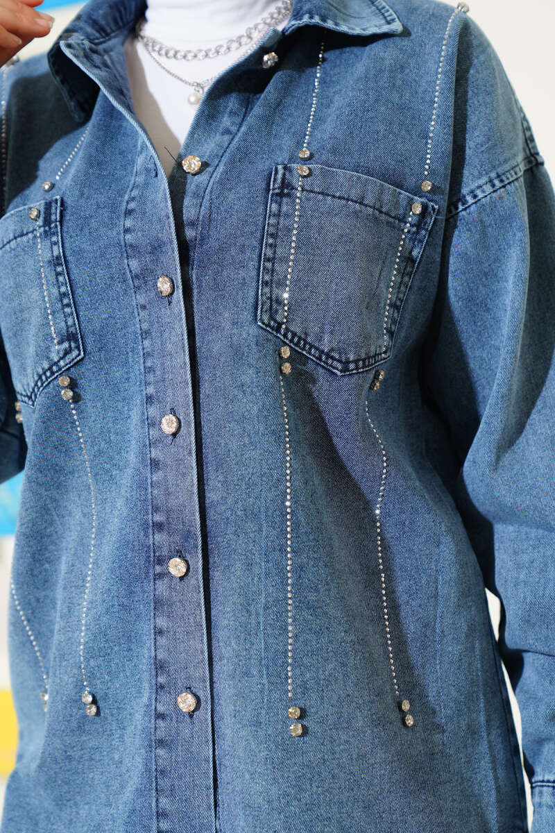 Denim Two-Piece Set with Stone Rows - Blue