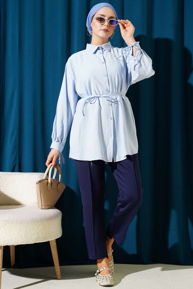 Tencel Shirt with Lace Back and Ties - Light Blue