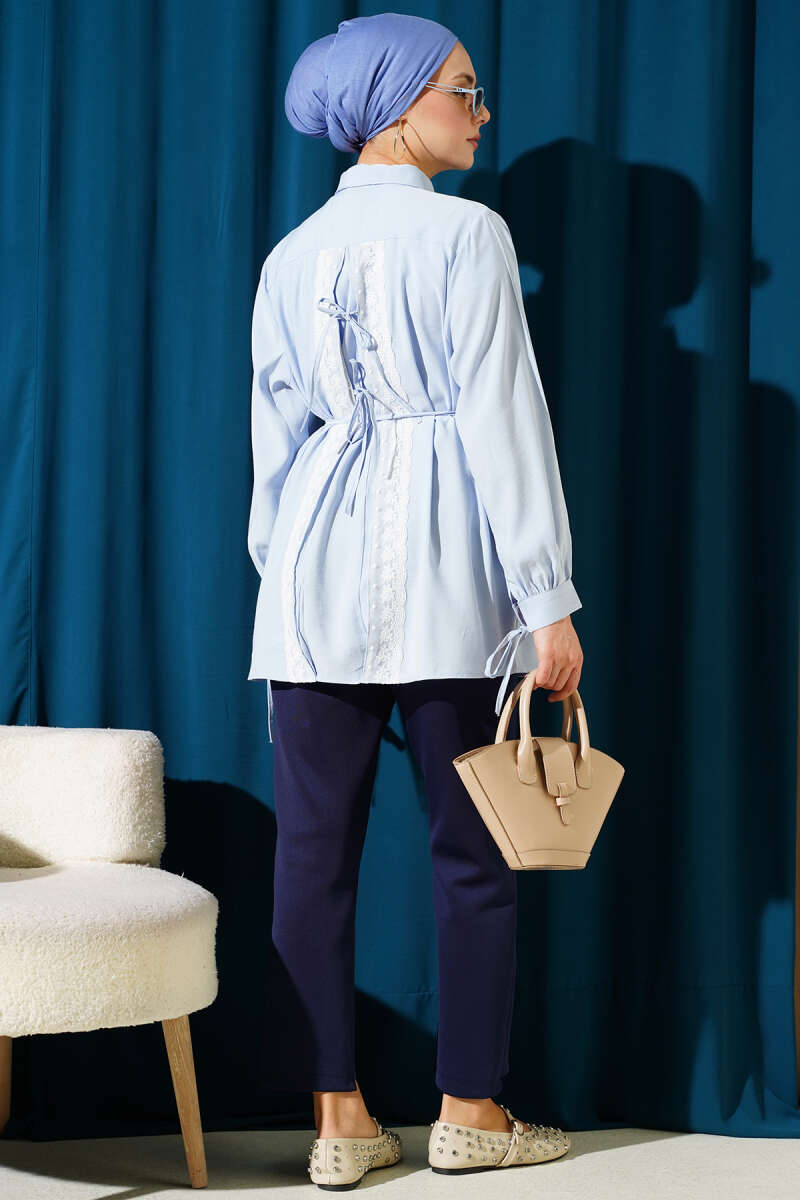 Tencel Shirt with Lace Back and Ties - Light Blue