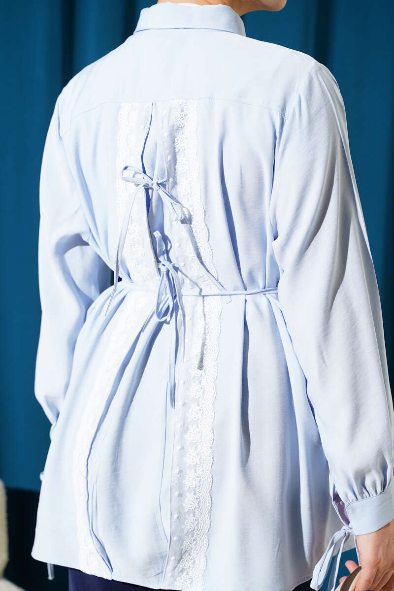 Tencel Shirt with Lace Back and Ties - Light Blue