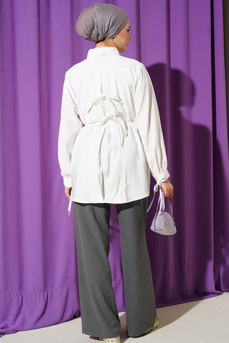 Tencel Shirt with Lace Back and Ties - White