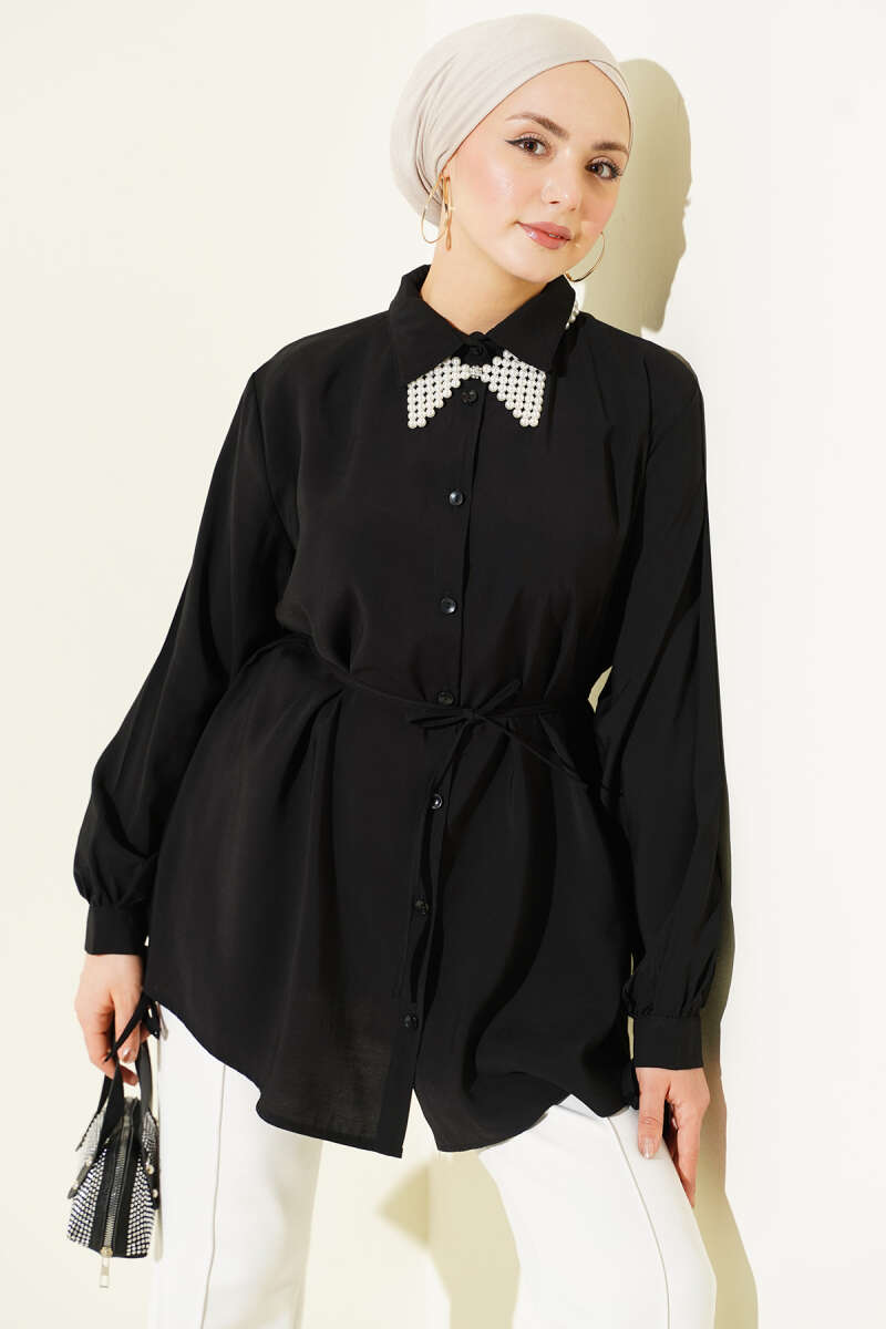 Tencel Shirt with Lace Back and Ties - Black