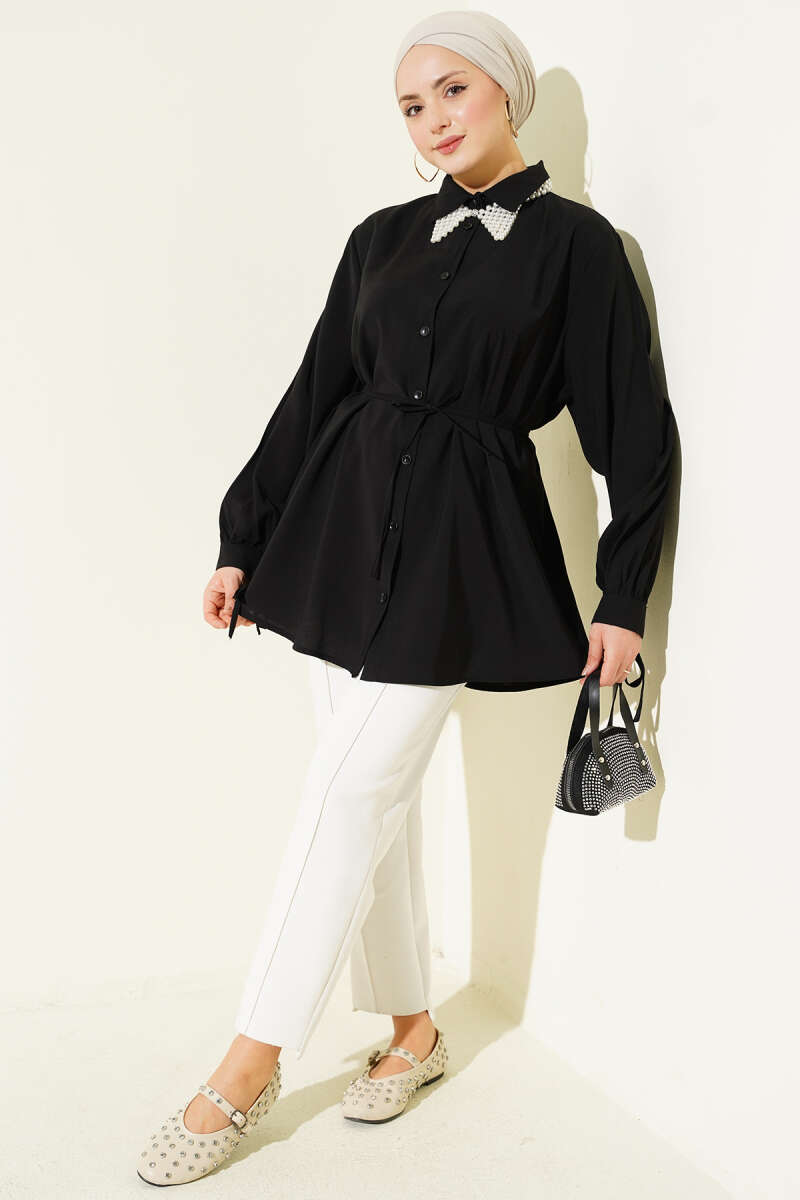 Tencel Shirt with Lace Back and Ties - Black