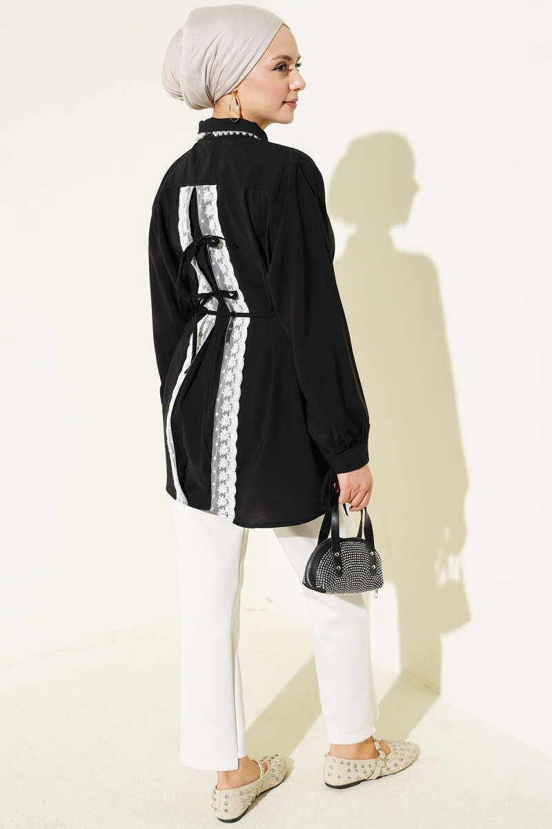 Tencel Shirt with Lace Back and Ties - Black